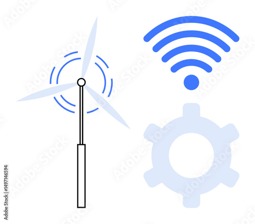 Wind turbine, gear, and wireless signal communicate renewable energy, industrial automation, and connectivity. Ideal for sustainable tech, IoT, green power, clean energy innovation smart industry