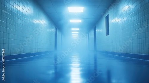 Eerie Blue Corridor  A Mysterious Hospital Hallway
