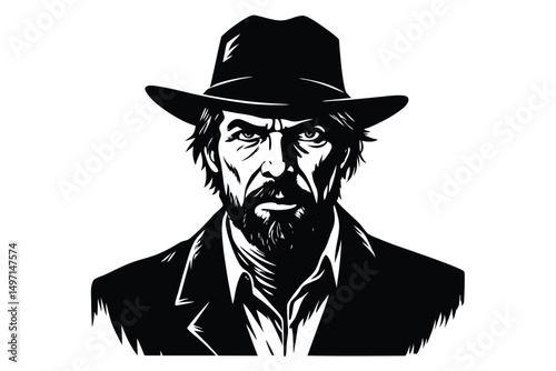 Old cowboy with a black hat, beard, and a cool smile looking like a handsome western gangster