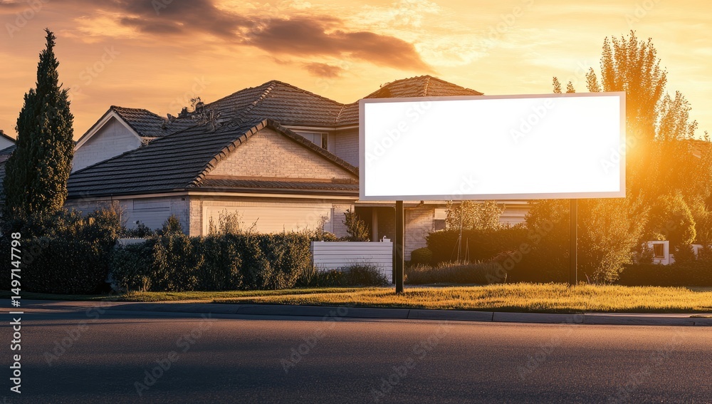 Obraz premium Empty billboard in front of suburban homes at sunset
