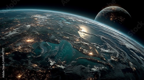 Earth with Space, Night, Planet, Sunrise, and View.