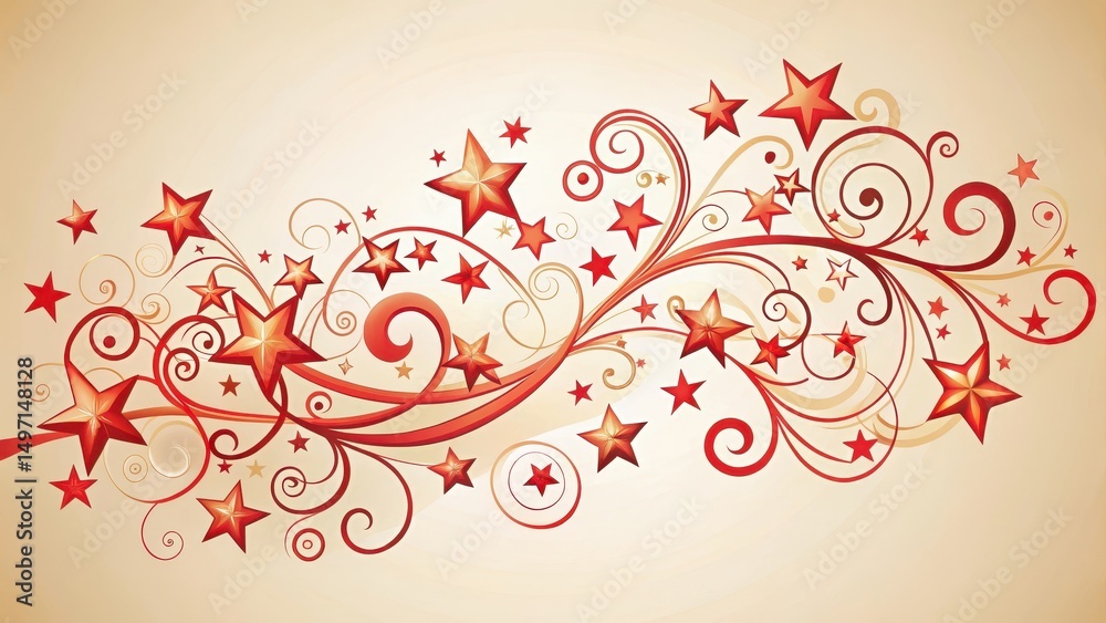 Elegant Calligraphy with Red Stars and Swirls , colorful, lively, colorful, lively Elegant Calligraphy with Red Stars and Swirls , colorful, lively, colorful, lively