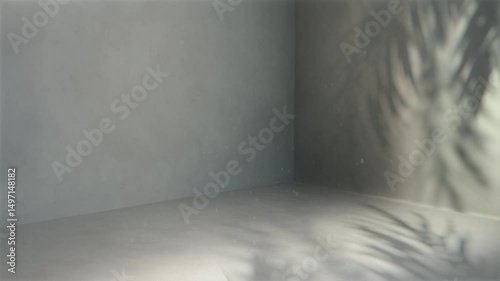 4K Seamless loop, tropical leaf shadows in modern gray corner interior, soft daylight animation with copy space, ambient botanical overlay background for design presentations, branding product display