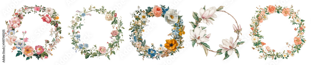 PNG Elegant floral wreath designs, element set on transparent background PNG Elegant floral wreath designs, element set on transparent background
