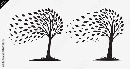 Two stylized trees with leaves blowing in the wind black and white illustration