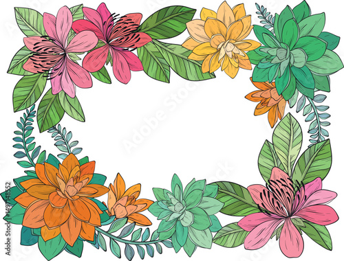 A colorful vector illustration of a succulent floral frame featuring a variety of blooming flowers and lush green leaves arranged in a decorative border