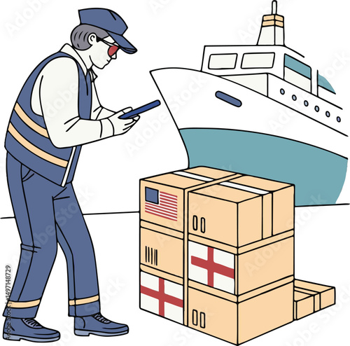 Customs Officer Inspecting International Cargo Shipment at Port