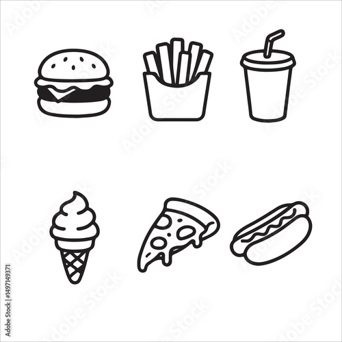 Collection of Minimalist Outline Fast Food Icons - Burger, Fries, Drink, Ice Cream, Pizza, and Hot Dog Vector Set