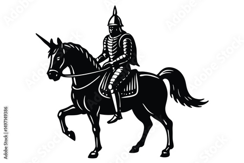 Black vector silhouette of horse and rider, an isolated equestrian sport illustration