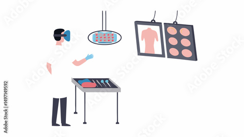 Person using vr headset in medical setting with surgical tools and anatomical reference images displayed