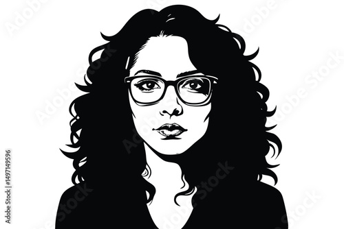 Captivating beauty: a smiling woman with long, flowing hair and stylish glasses, her face a model of elegance and glamour