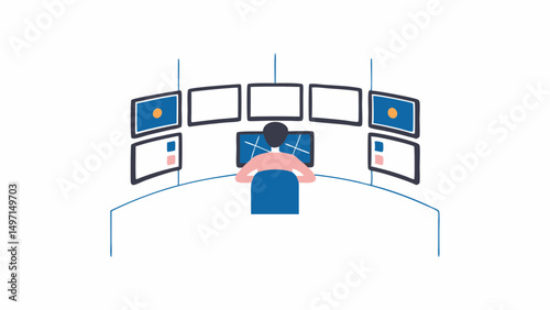 Person sitting at a desk surrounded by computer monitors in a control room environment setting scene