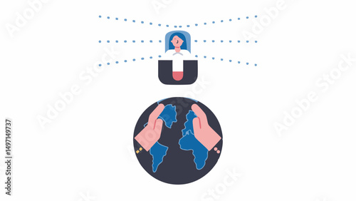 Illustration of a woman in a pod with radiating lines above a globe held by two hands on a white background