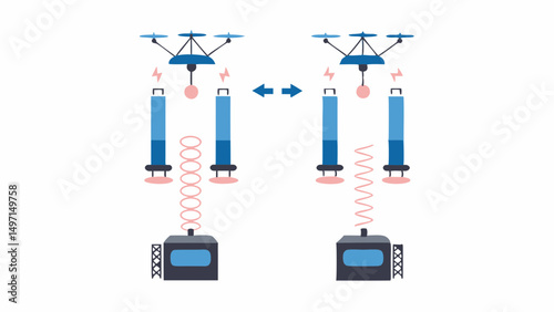 Illustration showing drone wireless charging with energy transfer between two stations using electromagnetic waves