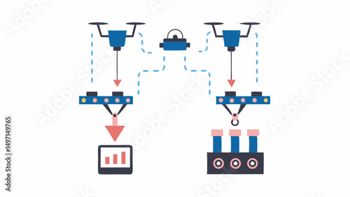 Illustration showing two drones connected to a central unit, interacting with automated manufacturing systems