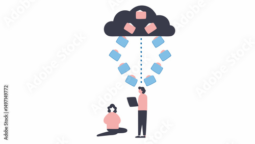 Two people interacting with files being transferred from a cloud storage system to their devices