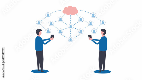 Two men using smartphones connected to a cloud network with user profile icons and dashed lines