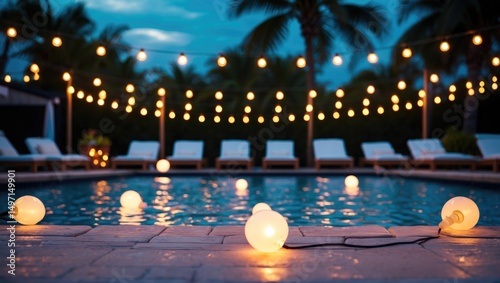 Poolside scene with string lights  floating lanterns  and lounge chairs under palm trees at dusk.