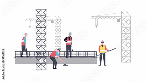 Illustration of construction workers on a building site with cranes and scaffolding in the background scene