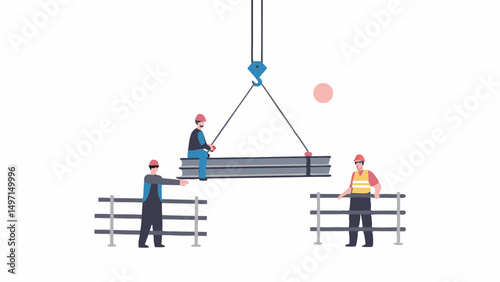 Illustration of construction workers with crane lifting metal beams on a construction site scene view