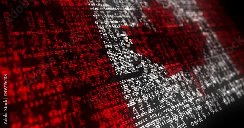 Canada flag waving secure code. Canadian blowing banner cyber security attack and hack concept animation.