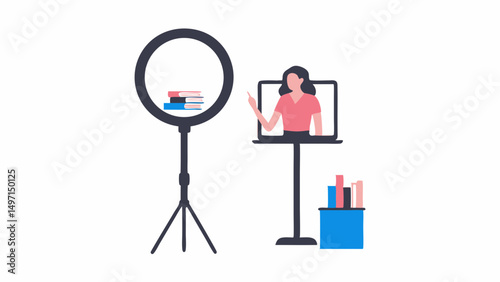 A woman on a laptop screen with a ring light and books creating a video conference setup at home studio