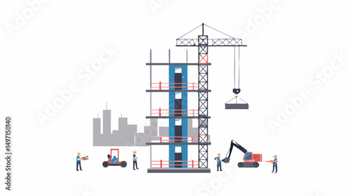 Illustration of a building under construction with crane and construction workers and skyline view in background