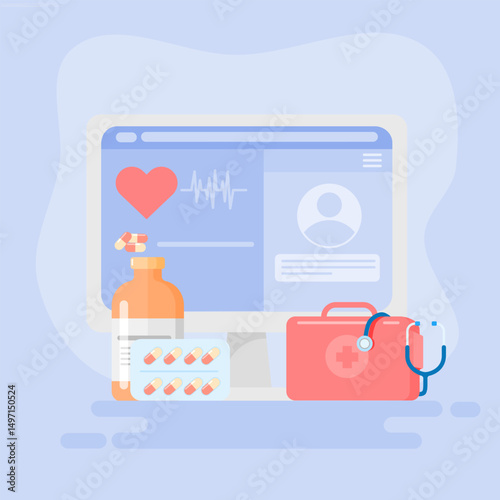 Online Health Concept, Consultation and Medical Treatment through Application Connected to Smartphone or Computer. Illustration in flat style.