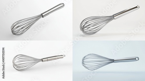 Four stainless steel whisk images, various angles
