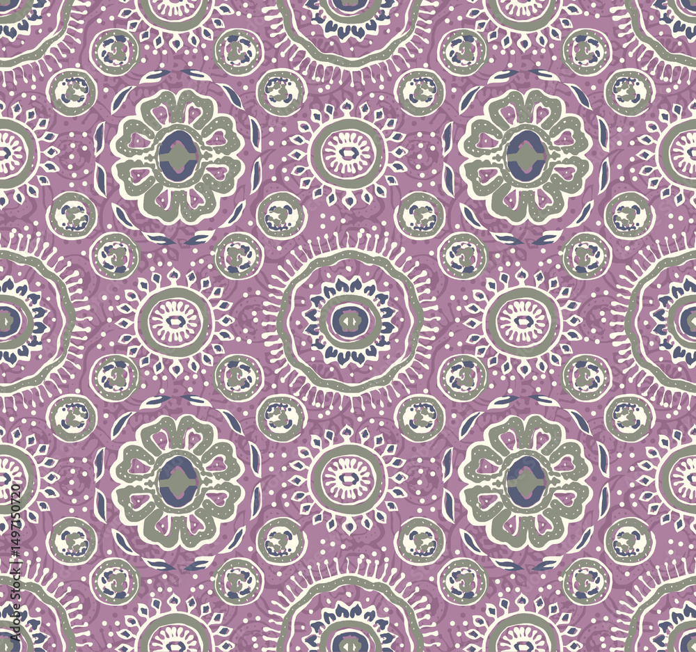Ethnic Hand drawn Mandala Seamless Pattern in Purple and Green Ethnic Hand drawn Mandala Seamless Pattern in Purple and Green