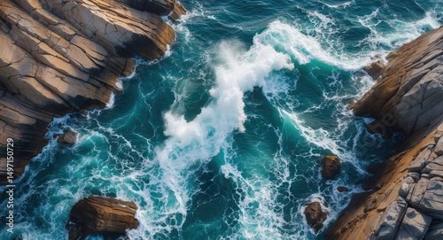 Wave crashing among rocks in the ocean. Nature and sea, concept. Coastal and marine environments. The concept of ocean dynamics and geological formations.