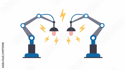 Two industrial style lamps with articulated arms and light bulb surrounded by lightning bolts design