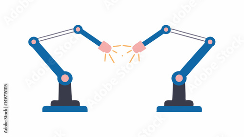 Two blue robotic arms with pink accents facing each other and emitting light on a white background space
