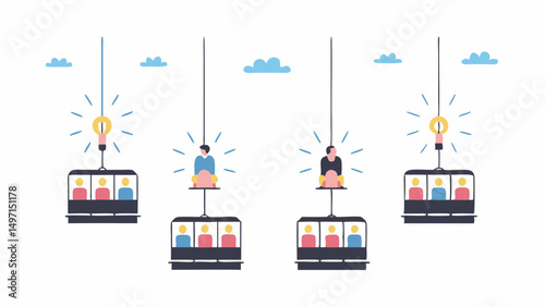 Illustration of gondola lifts with passengers and lightbulbs representing ideas and innovation concept