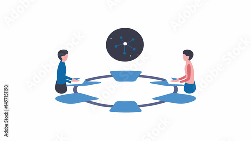 Two people sitting at a round table with a network symbol above the table in a white background space