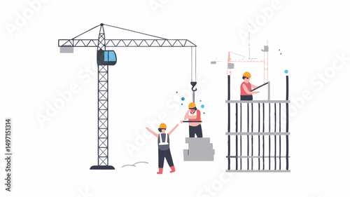 Illustration of construction site with workers crane and building under construction showing progress and activity