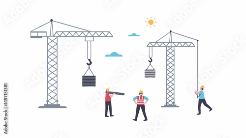 Illustration of construction site with two cranes lifting materials and three workers overseeing operation