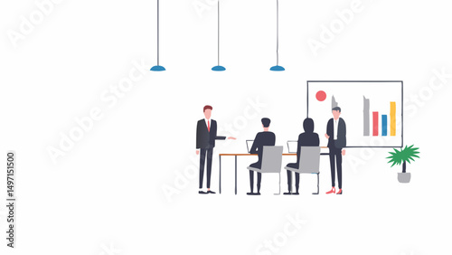 Illustration of a business meeting with a presenter and three attendees in a conference room setting