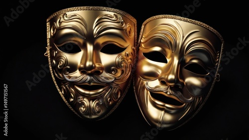 Comedy and tragedy theater masks, one gold and one white, symbolize ancient dramatic art