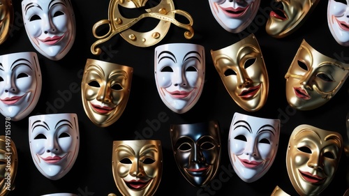Comedy and tragedy theater masks, one gold and one white, symbolize ancient dramatic art