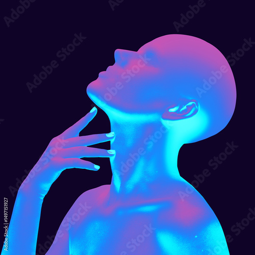 Digital portrait. Bright neon blue and pink light wraps around faceless head tilted upward, fingers gently resting on neck, emotional posture. Textured noise effect. Concept of desire, tension, beauty
