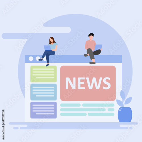News page concept with characters. Using mobile phones, tablets and computers to read news. Illustrations in flat style for banners, websites, applications.