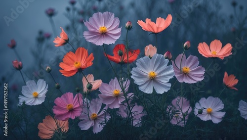 A field of colorful cosmos flowers in pink, purple, and orange shades under a soft blue sky. photo