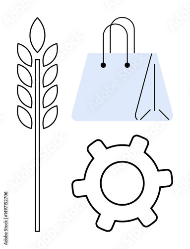 Wheat stalk, shopping bag, and gear shape highlighting sustainability, trade, agriculture, innovation, production, manufacturing and economic balance. Ideal for economy and industry flat simple