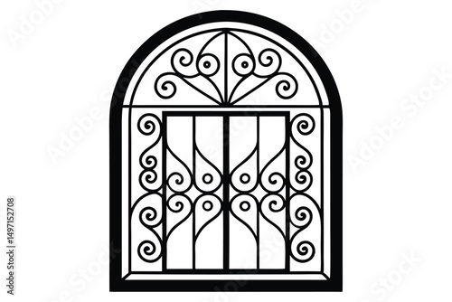 Antique wrought iron gate on an old stone church entrance with stained glass and wooden arch