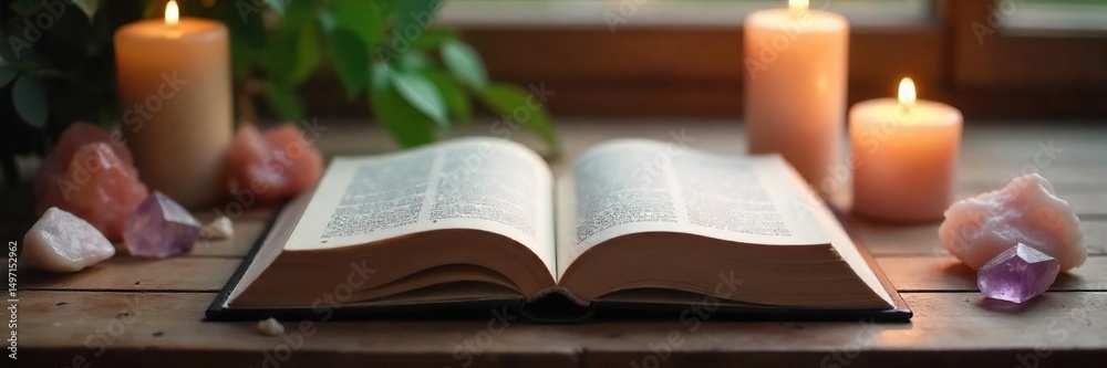 Obraz premium A serene open book rests on a wooden table amongst candles and crystals, bathed in soft light Perfect for themes of mindfulness, self-discovery, and spiritual growth , nature, knowledge