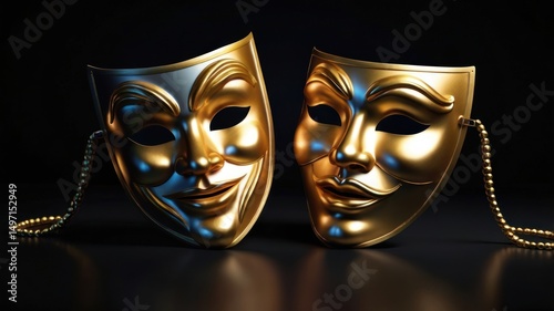 Comedy and tragedy theater masks, one gold and one white, symbolize ancient dramatic art