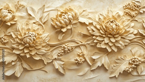 Ornate beige floral bas-relief panel