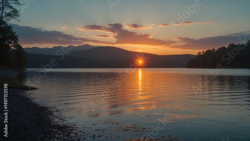 Sunset over a lake with mountains in the background, calm waters, and a partly cloudy sky.