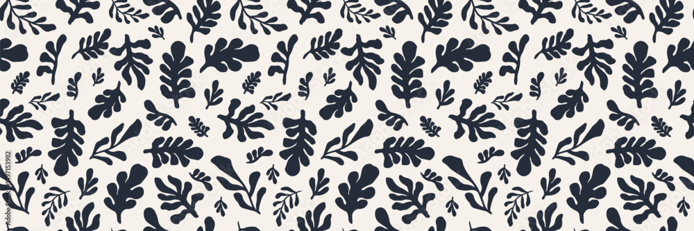 Fototapeta premium Seamless botanical pattern with abstract black leaves and foliage silhouettes on a white background. Modern nature inspired design for textiles, wallpaper, packaging, and creative projects. Vector art